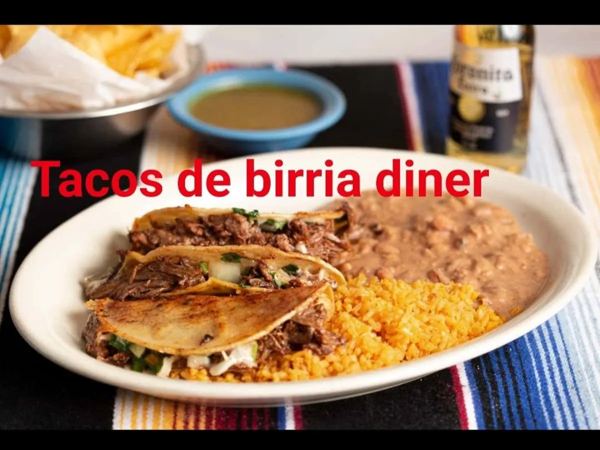 Birria tacos plated with rice and refried beans